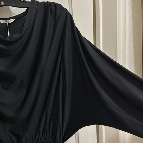 NWT Zara Black Mini Dress with Batwing sleeves, draped neck! Size S US - Picture 3 of 6